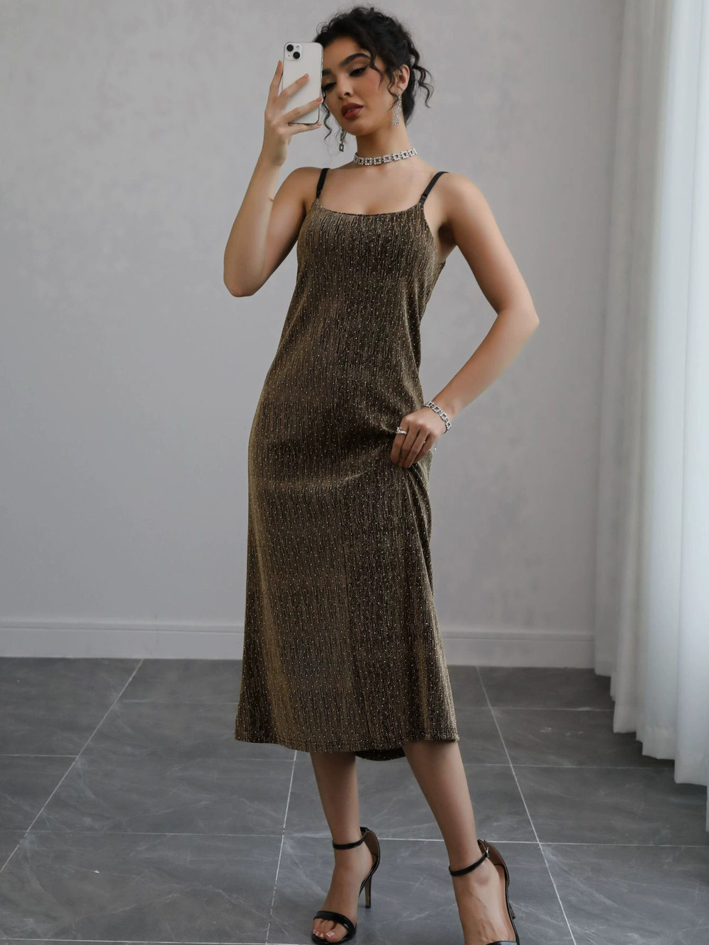Zara Gold Lurex Stretch Bodycon Midi Club Dress